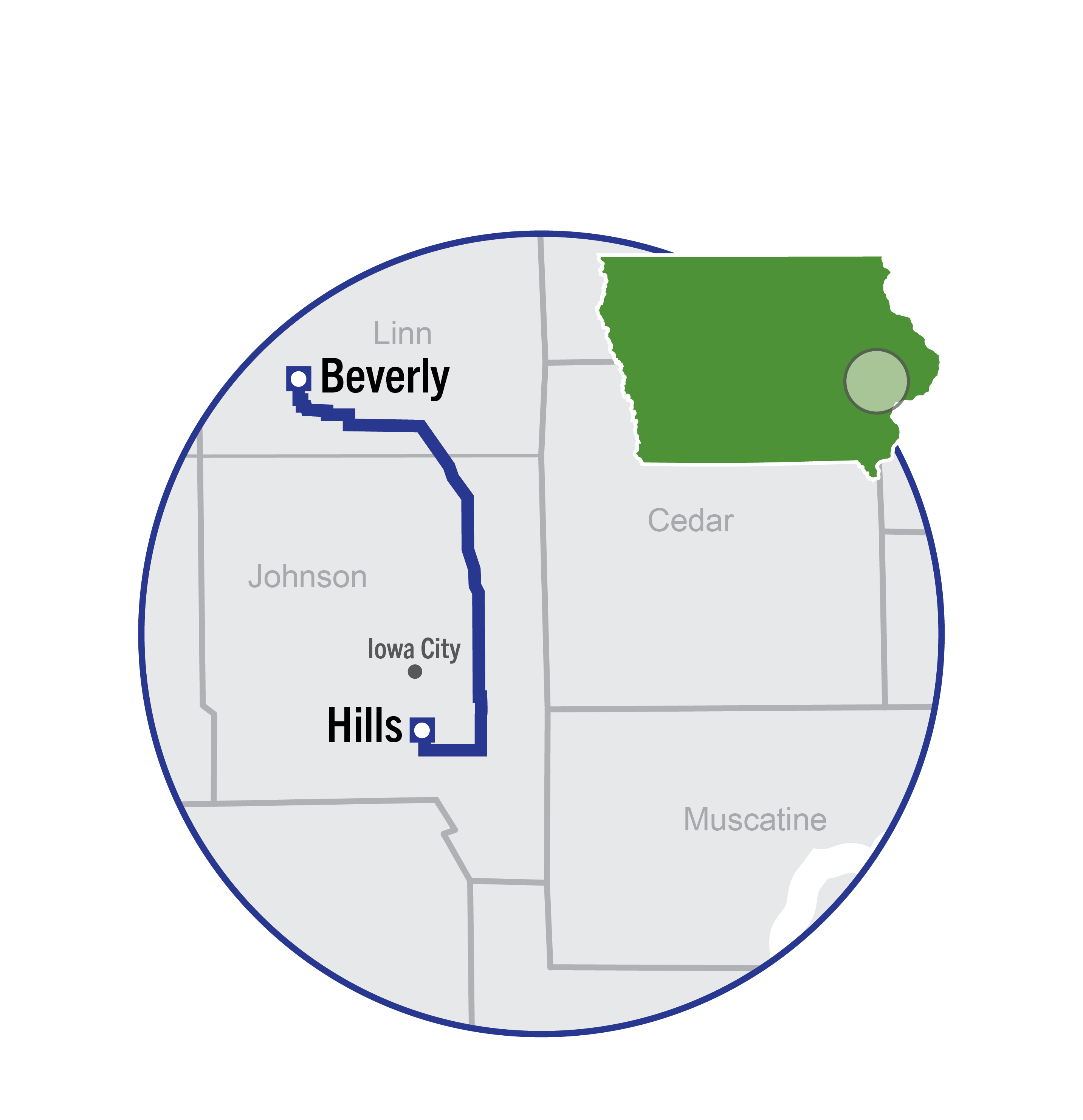 "Map showing a route from Beverly to Hills through Iowa City in Johnson County, Iowa, with an inset highlighting the region within the state of Iowa."